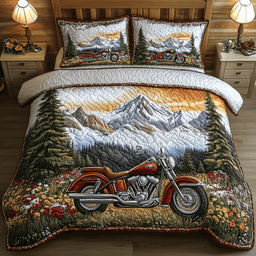 Mountain Trail Motorcycle 3 Piece Quilted Bedding Set Gift For Nature Lovers