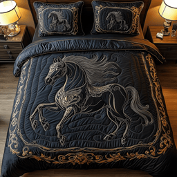 Mystique Black Horse 3 Piece Quilted Bedding Set Gift For Horse Lovers