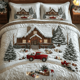 Peaceful Snow Cabin 3 Piece Quilted Bedding Set Christmas Gift For Holiday Decor Lovers