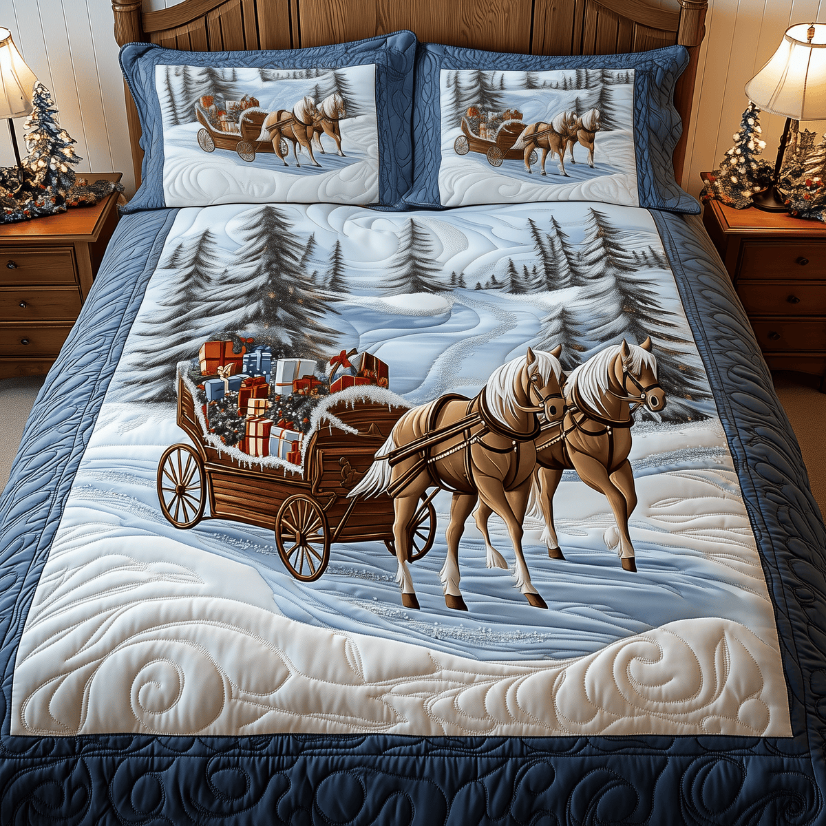 Winter Wonderland Carriage Ride 3 Piece Quilted Bedding Set Christmas Gift For Holiday Decor Lovers