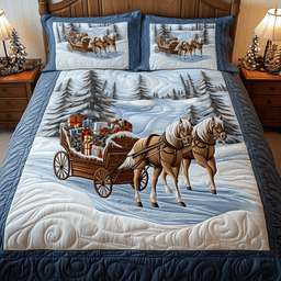 Winter Wonderland Carriage Ride 3 Piece Quilted Bedding Set Christmas Gift For Holiday Decor Lovers