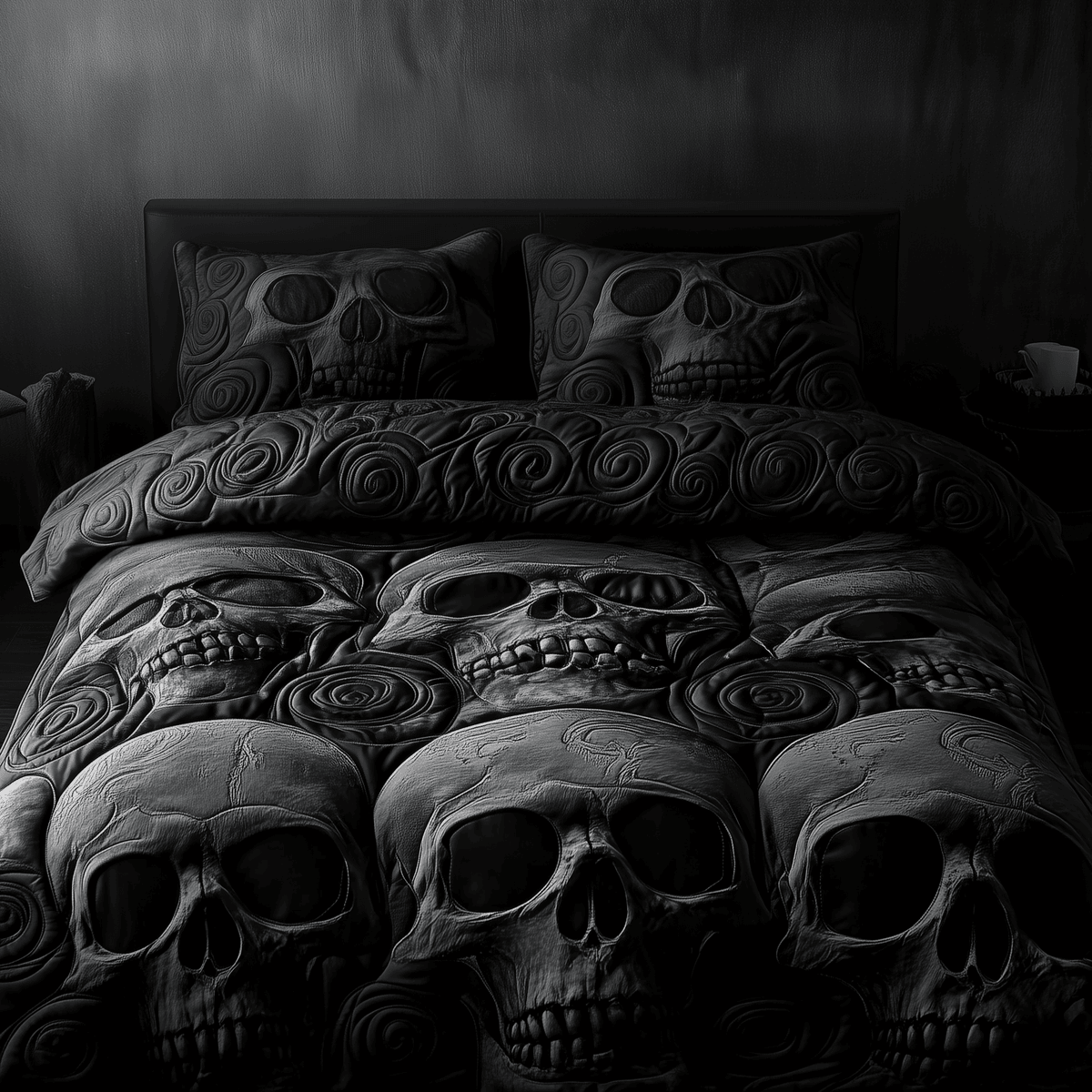 Black Skull 3 Piece Quilted Bedding Set Gift For Gothic Decor Lovers
