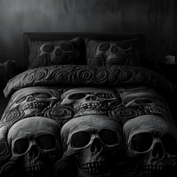 Black Skull 3 Piece Quilted Bedding Set Gift For Gothic Decor Lovers