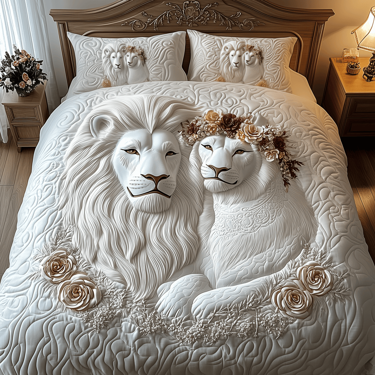 Happy Lion Couple 3 Piece Quilted Bedding Set Gift For Lion Lovers