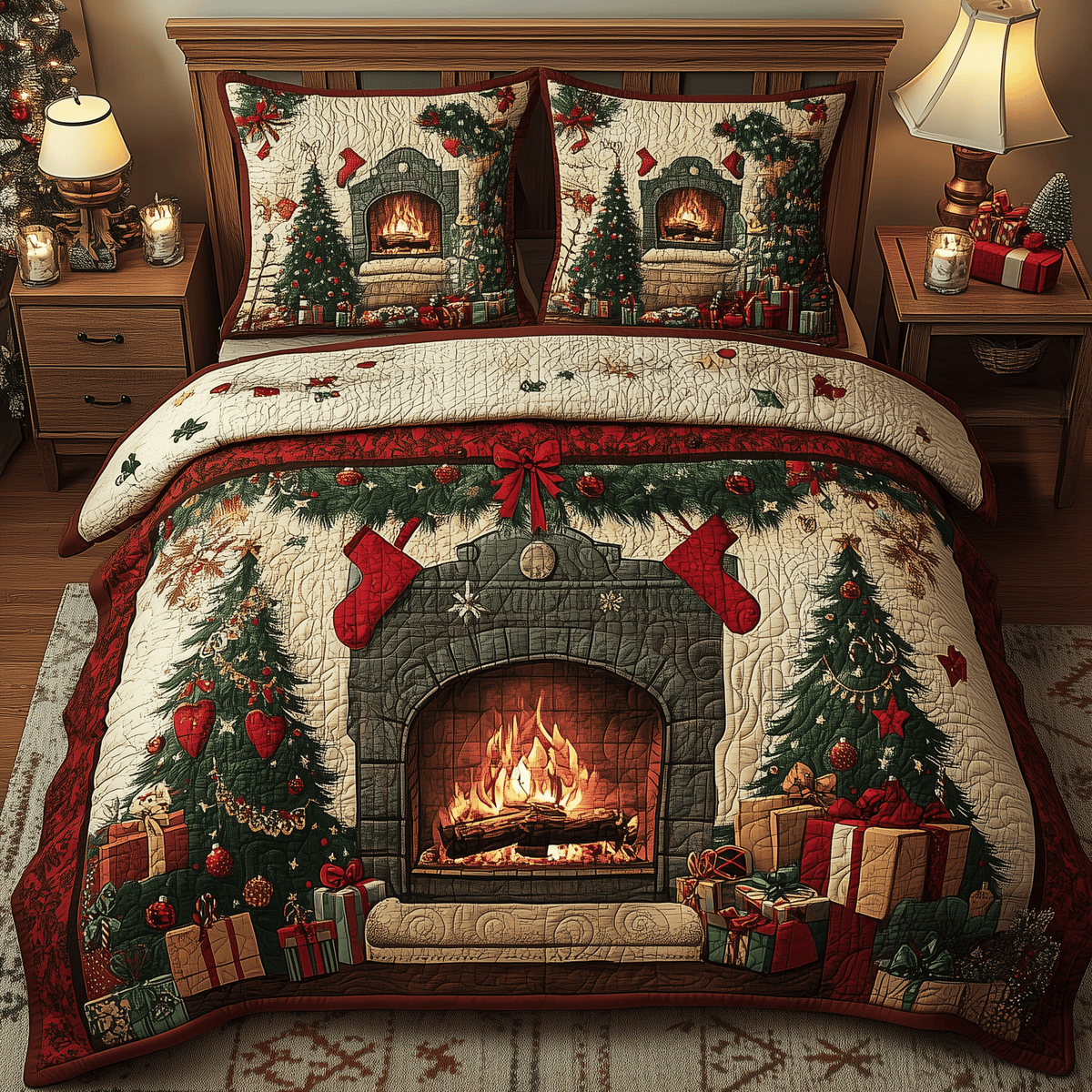 Cozy Fireplace 3 Piece Quilted Bedding Set Christmas Gift For Holiday Decor Lovers