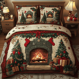 Cozy Fireplace 3 Piece Quilted Bedding Set Christmas Gift For Holiday Decor Lovers