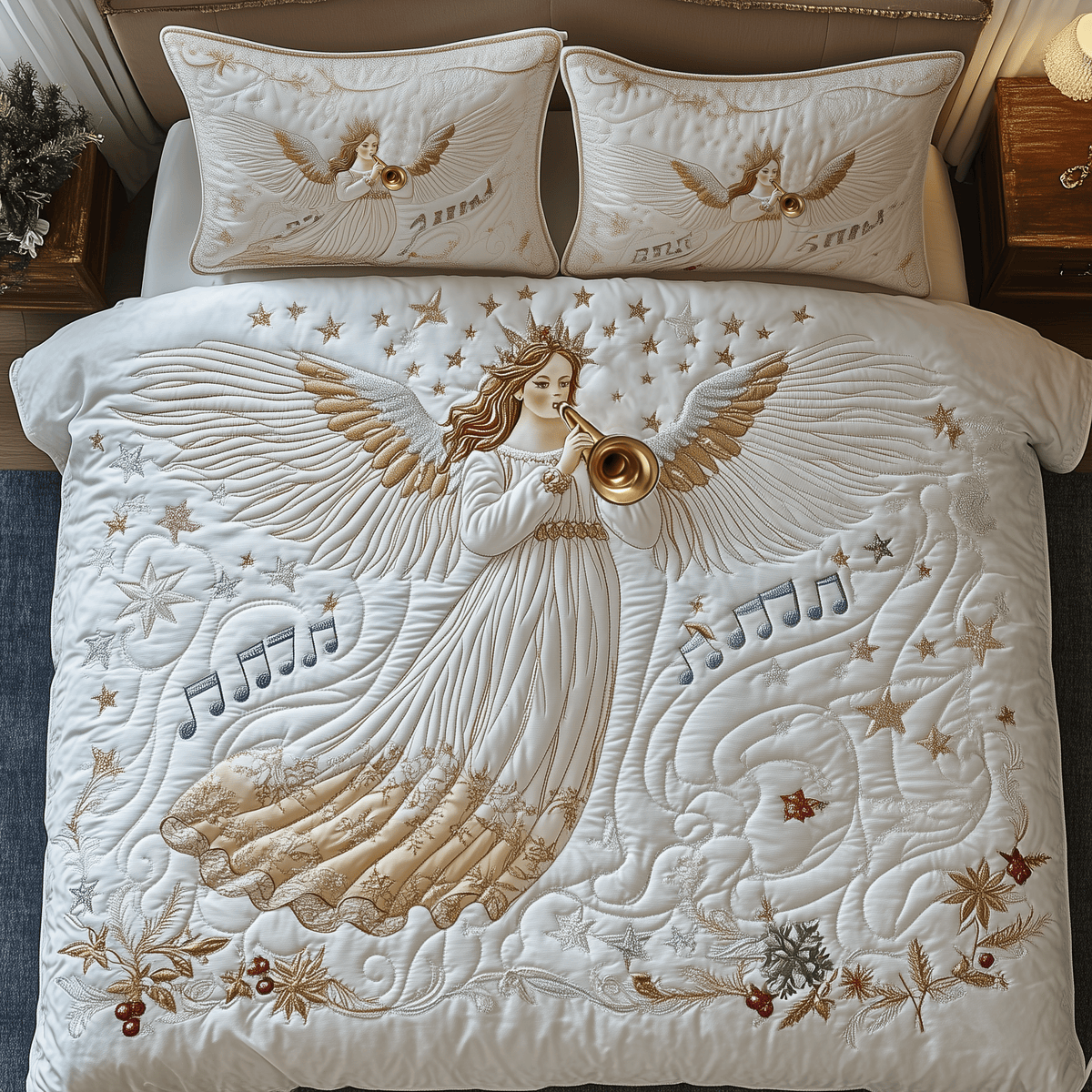 Angel 3 Piece Quilted Bedding Set Christmas Gift For Holiday Decor Lovers