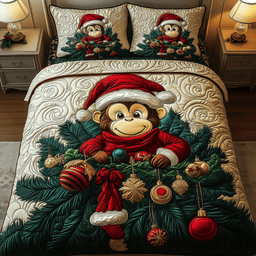 Joyful Monkey 3 Piece Quilted Bedding Set Christmas Gift For Holiday Decor Lovers