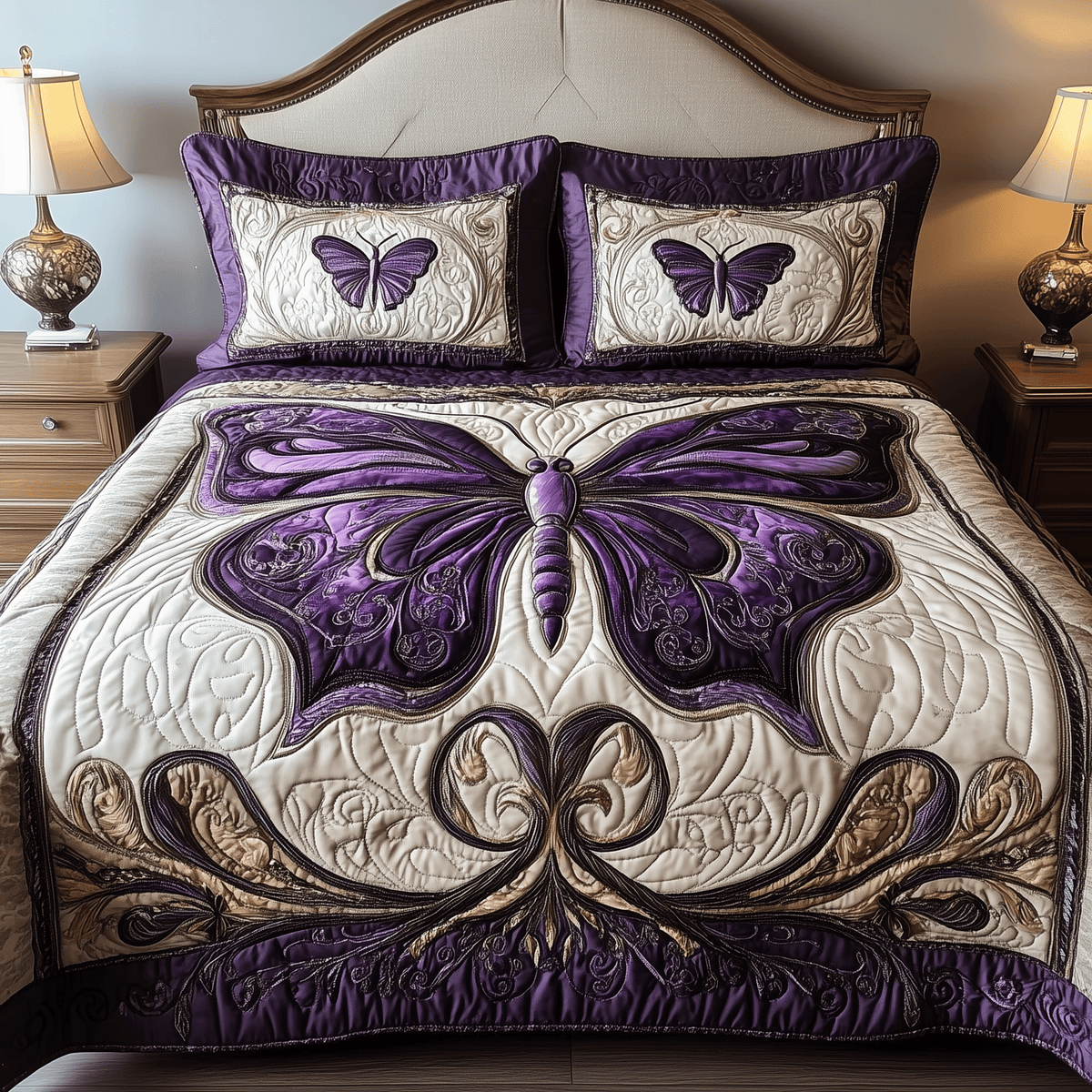 Midnight Butterfly 3 Piece Quilted Bedding Set Gift For Butterfly Lovers