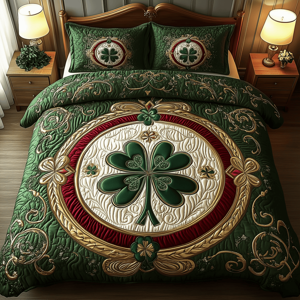 Lucky Irish Shamrock 3 Piece Quilted Bedding Set Gift For Home Decor Lovers