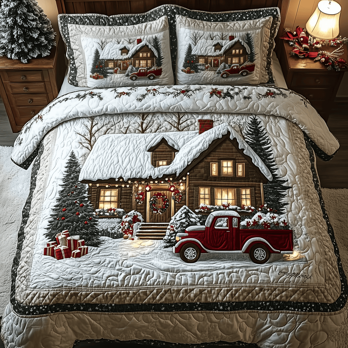 Snow Cabin 3 Piece Quilted Bedding Set Christmas Gift For Holiday Decor Lovers