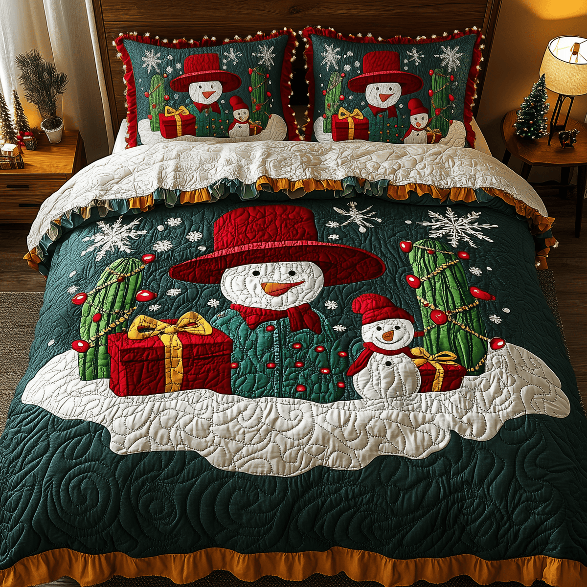 Joyful Cactus 3 Piece Quilted Bedding Set Christmas Gift For Holiday Decor Lovers