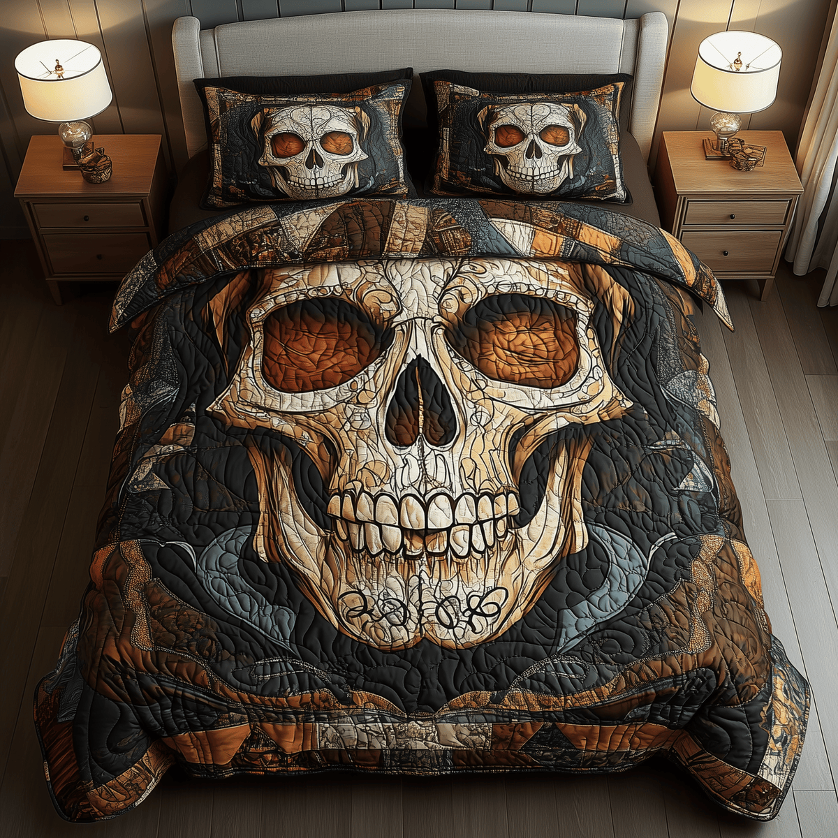 Mystique Solo Skull 3 Piece Quilted Bedding Set Gift For Gothic Decor Lovers