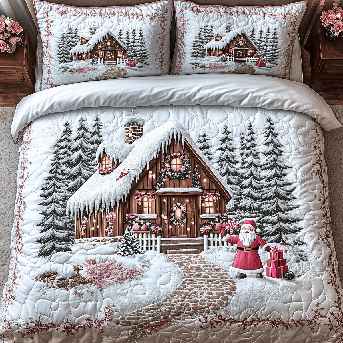 Whimsical Cabin 3 Piece Quilted Bedding Set Gift For Holiday Decor Lovers