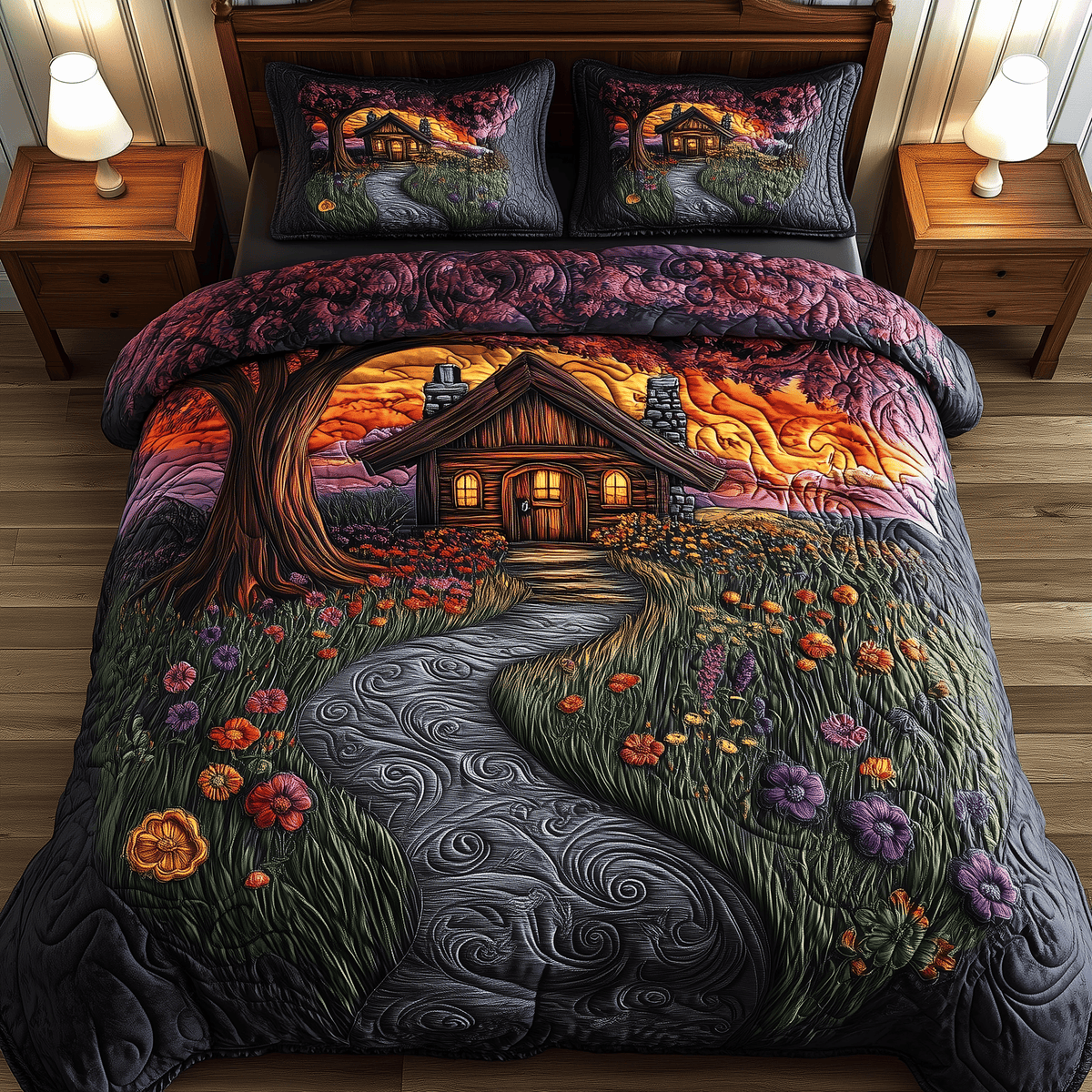 Sunset Serenity Homestead 3 Piece Quilted Bedding Set Gift For Nature Lovers