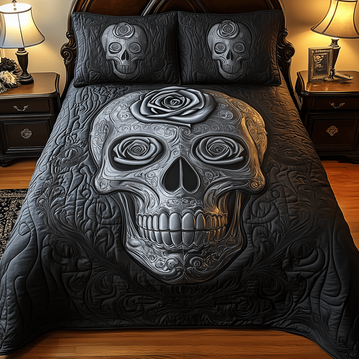 Skulll 3 Piece Quilted Bedding Set Gift For Gothic Decor Lovers