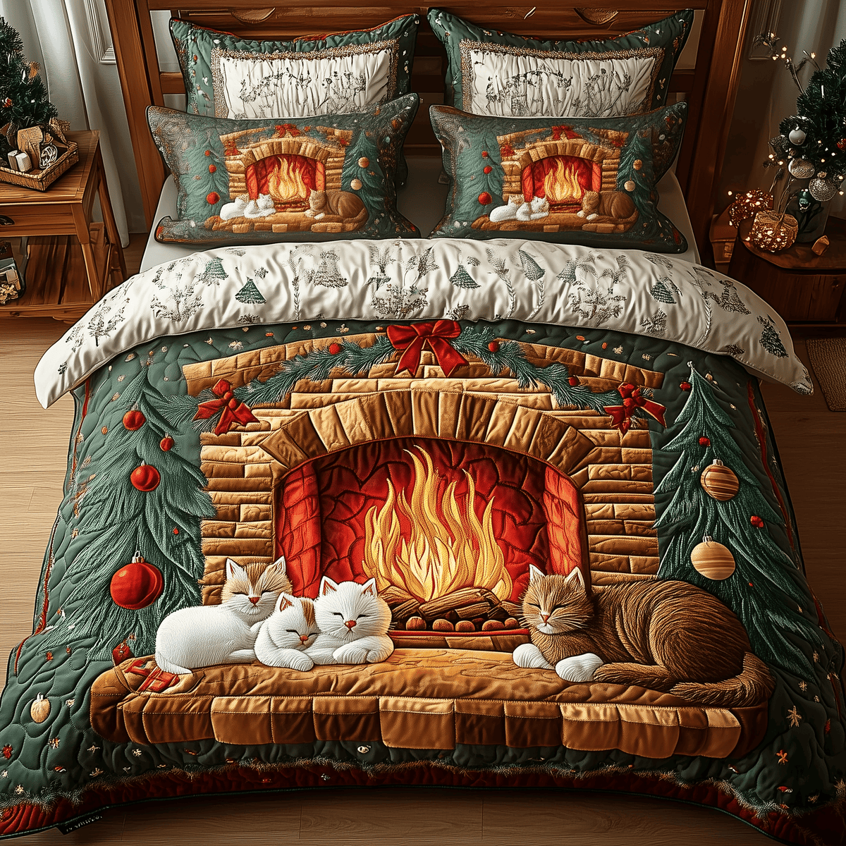 Cats by Fireplace 3 Piece Quilted Bedding Set Gift For Cat Lovers