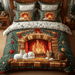 Cats by Fireplace 3 Piece Quilted Bedding Set Gift For Cat Lovers
