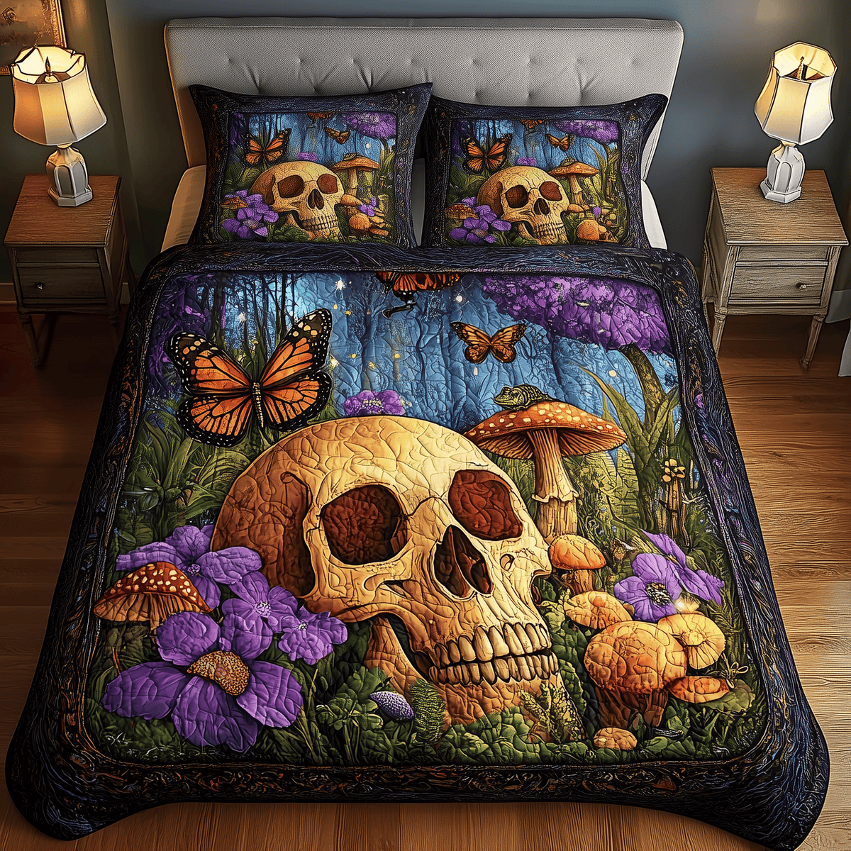 Dreamland Skull 3 Piece Quilted Bedding Set Gift For Gothic Decor Lovers