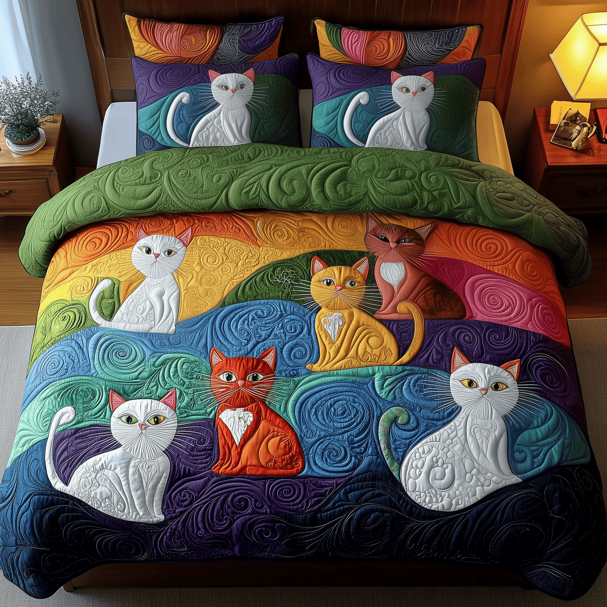 Whimsical Cat 3 Piece Quilted Bedding Set Gift For Cat Lovers