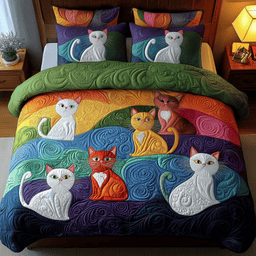 Whimsical Cat 3 Piece Quilted Bedding Set Gift For Cat Lovers