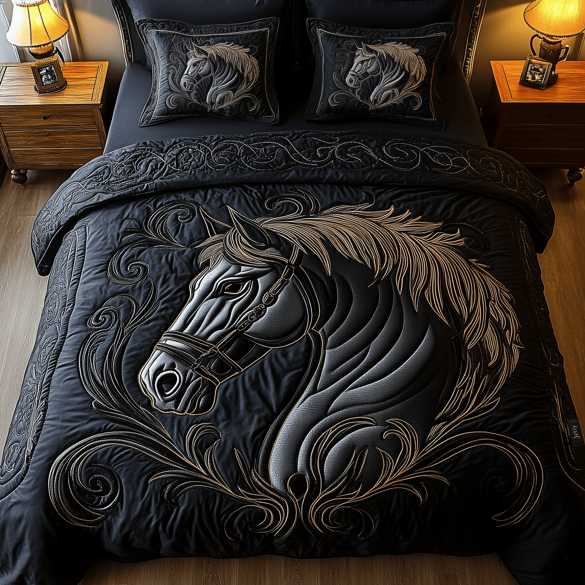 Mystique Black Horse 3 Piece Quilted Bedding Set Gift For Horse Lovers