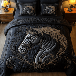 Mystique Black Horse 3 Piece Quilted Bedding Set Gift For Horse Lovers