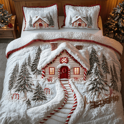 Candy Canes Whimsical House 3 Piece Quilted Bedding Set Gift For Holiday Decor Lovers