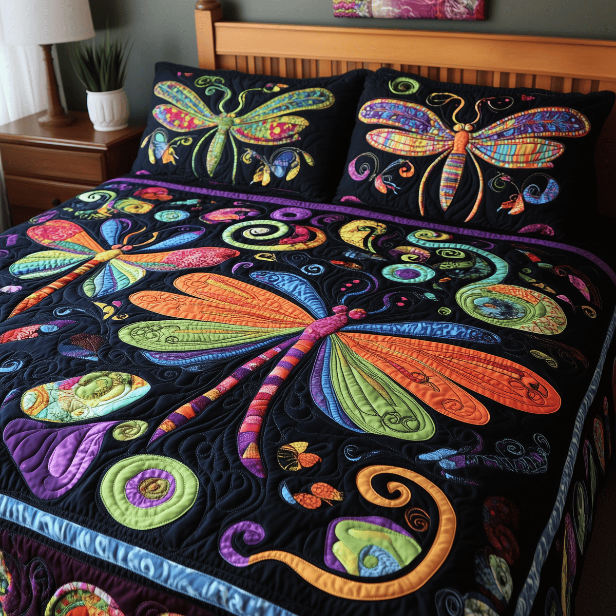 Vibrant Dragonfly 3 Piece Quilted Bedding Set Gift For Butterfly Lovers