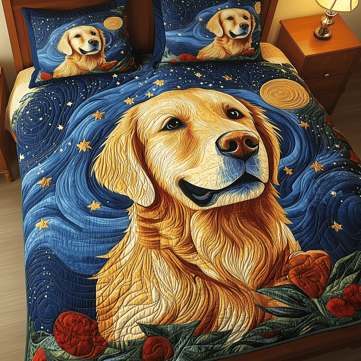 Golden Retriever 3 Piece Quilted Bedding Set Gift For Dog Lovers