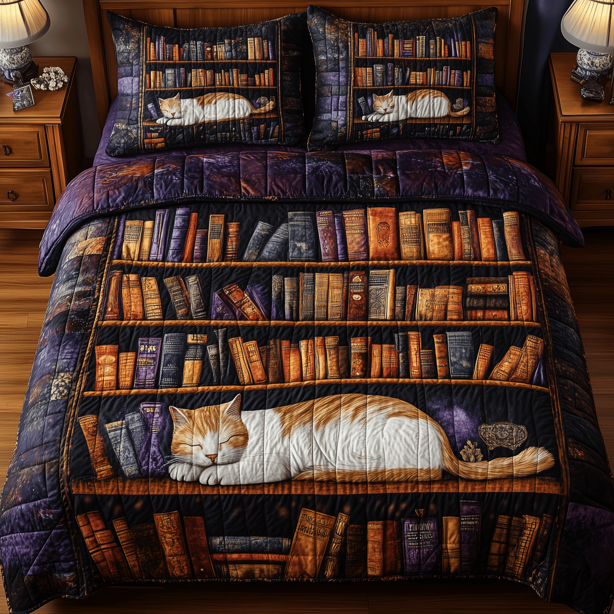 Vintage Cat Bookshelf 3 Piece Quilted Bedding Set Gift For Cat Lovers
