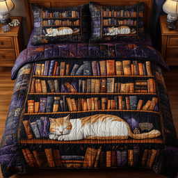 Vintage Cat Bookshelf 3 Piece Quilted Bedding Set Gift For Cat Lovers