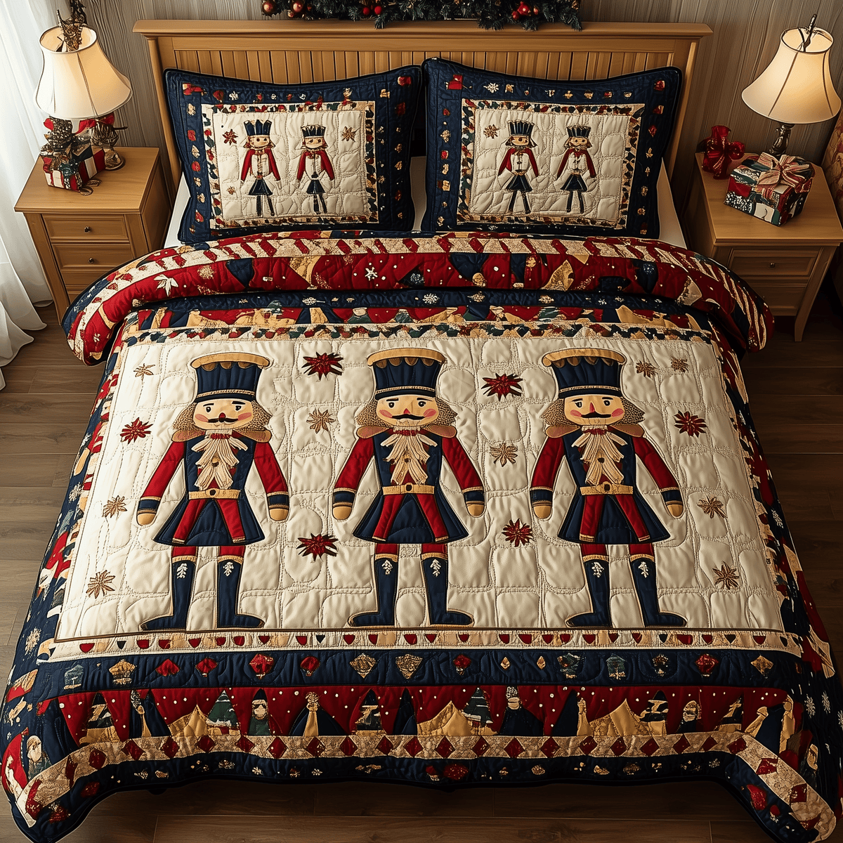 Nutcracker 3 Piece Quilted Bedding Set Christmas Gift For Holiday Decor Lovers