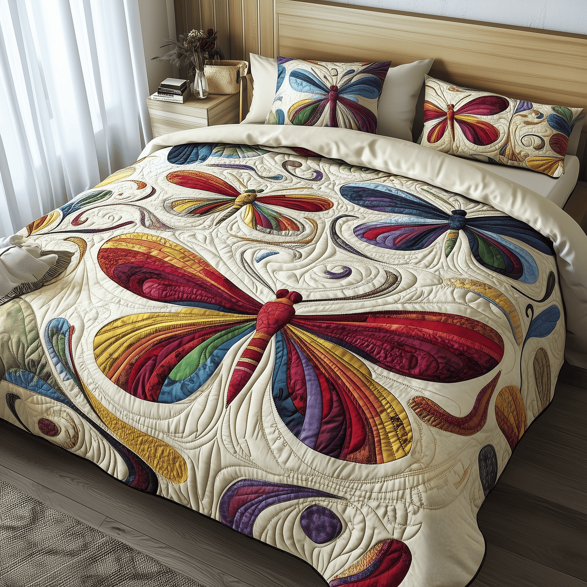 Elegance Dragonfly 3 Piece Quilted Bedding Set Gift For Butterfly Lovers