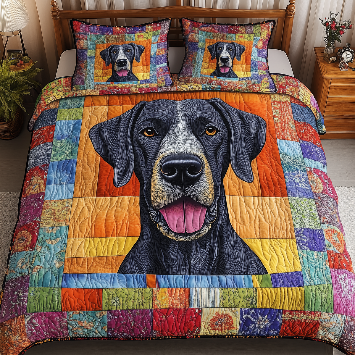 Great Dane Dog 3 Piece Quilted Bedding Set Gift For Dog Lovers