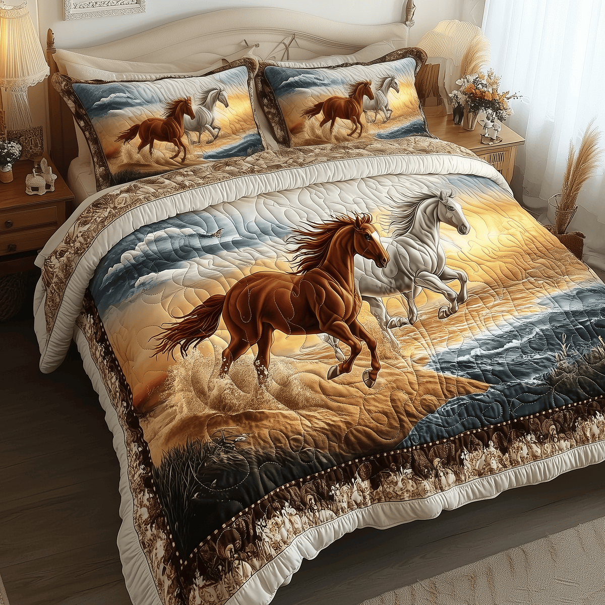 Beachside Runners Horse 3 Piece Quilted Bedding Set Gift For Horse Lovers