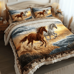 Beachside Runners Horse 3 Piece Quilted Bedding Set Gift For Horse Lovers