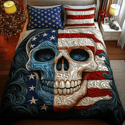 American Pride Skull 3 Piece Quilted Bedding Set Gift For Gothic Decor Lovers