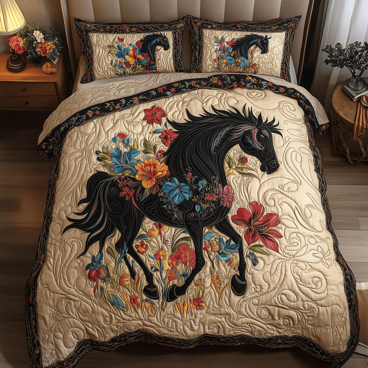 Dark Horse 3 Piece Quilted Bedding Set Gift For Horse Lovers