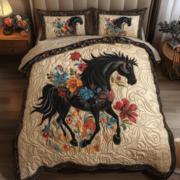 Dark Horse 3 Piece Quilted Bedding Set Gift For Horse Lovers