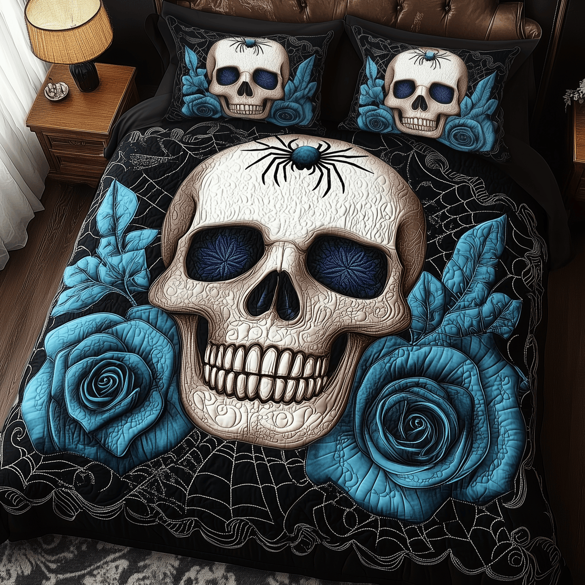 Blue Rose Skull 3 Piece Quilted Bedding Set Gift For Flower Lovers
