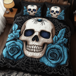 Blue Rose Skull 3 Piece Quilted Bedding Set Gift For Flower Lovers