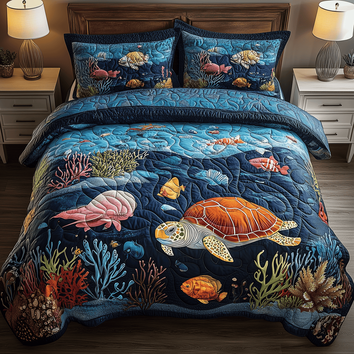 Turtle Ocean 3 Piece Quilted Bedding Set Gift For Turtle Lovers