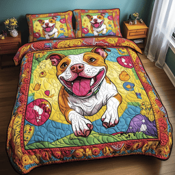 Vibrant Pitbull Dash Dog 3 Piece Quilted Bedding Set Gift For Dog Lovers