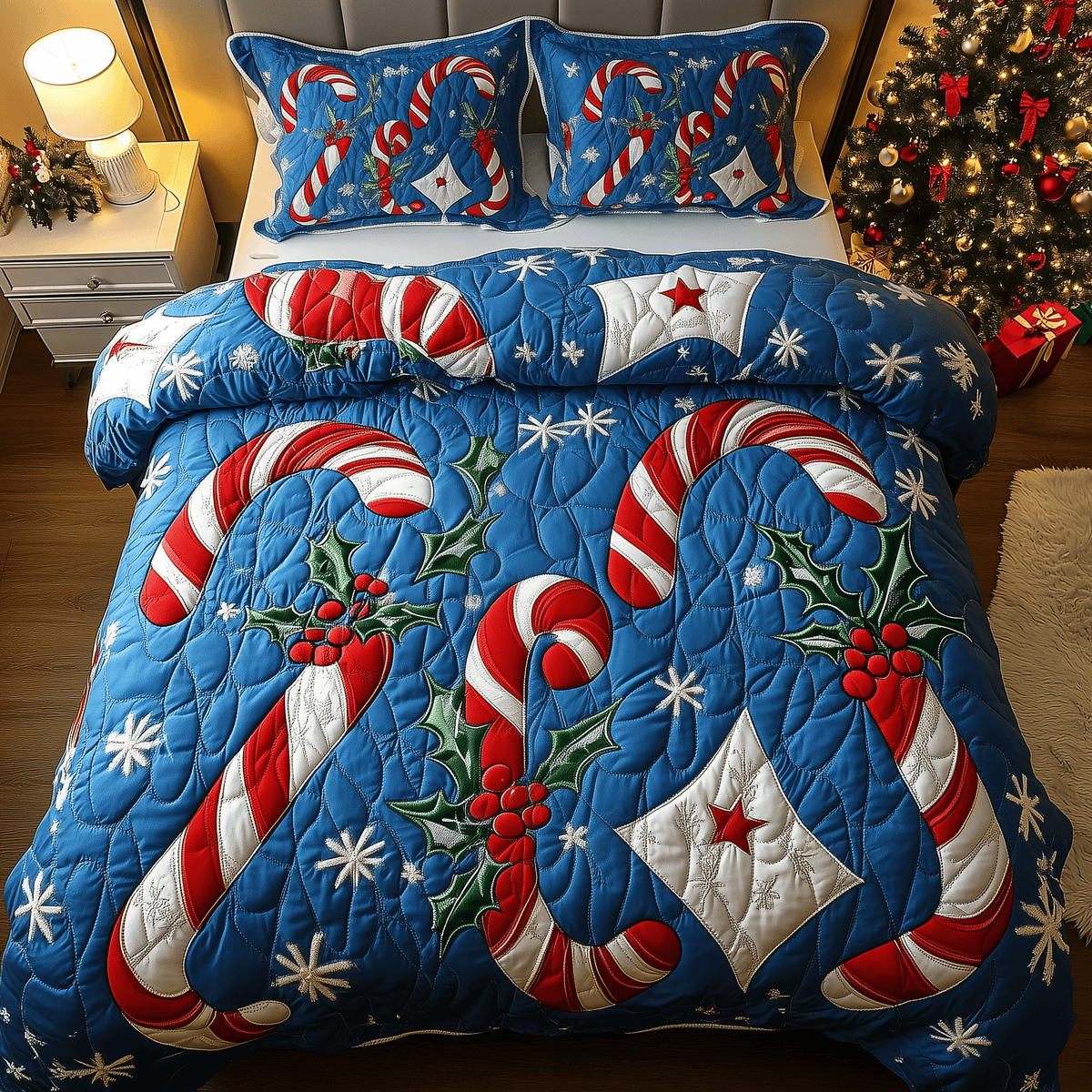 Cheerful Candy Cane 3 Piece Quilted Bedding Set Gift For Holiday Decor Lovers