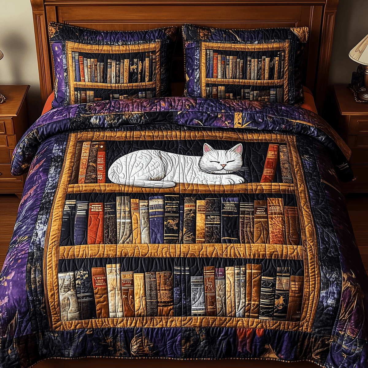 Vintage Cat Bookshelf 3 Piece Quilted Bedding Set Gift For Cat Lovers