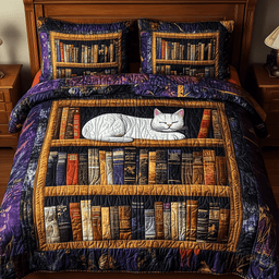 Vintage Cat Bookshelf 3 Piece Quilted Bedding Set Gift For Cat Lovers