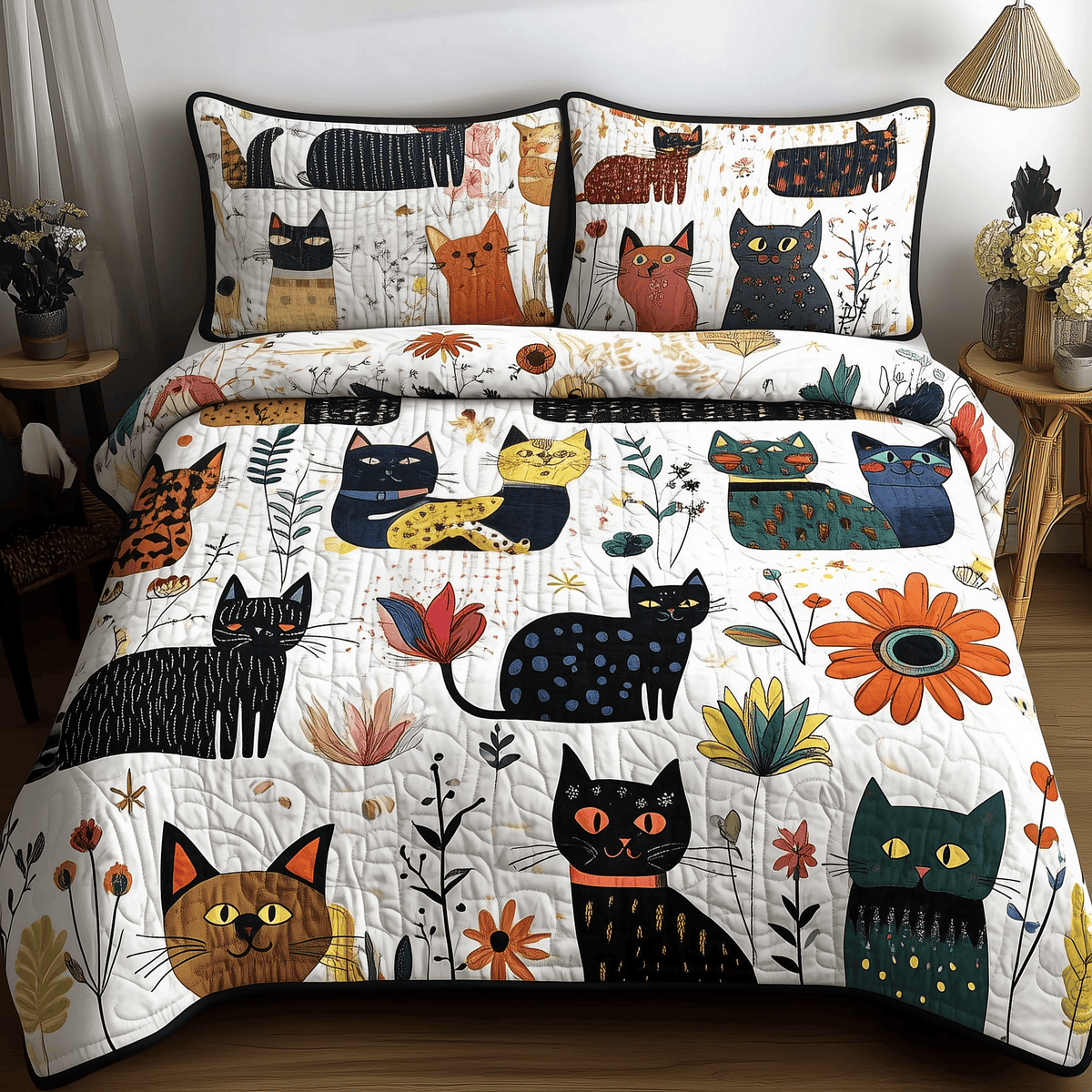 Playful Botanical Cat 3 Piece Quilted Bedding Set Gift For Cat Lovers