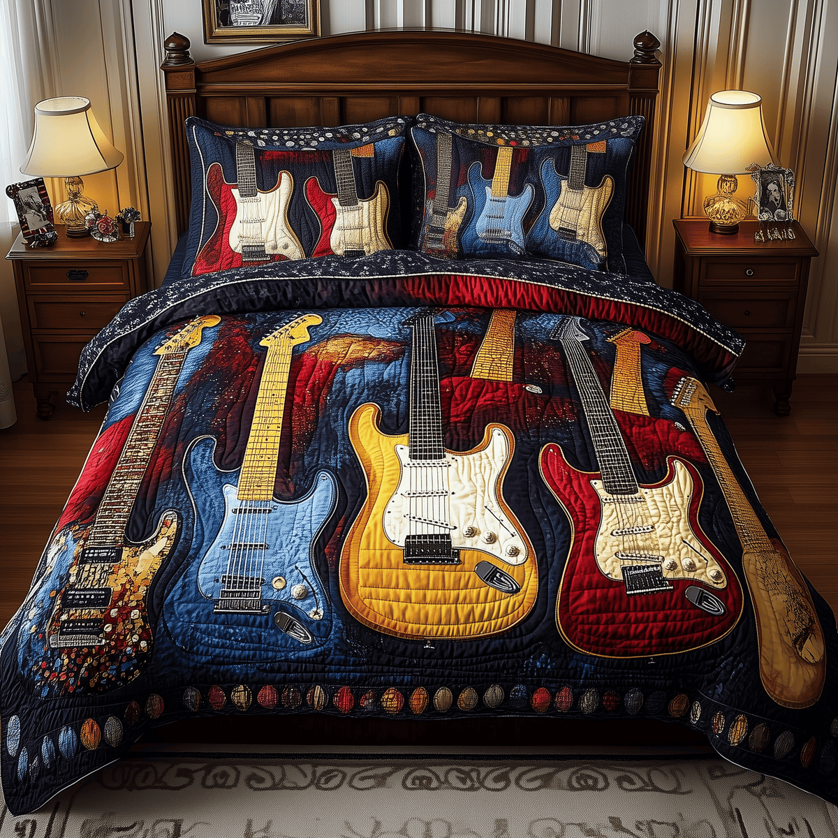 Guitar 3 Piece Quilted Bedding Set Gift For Music Lovers