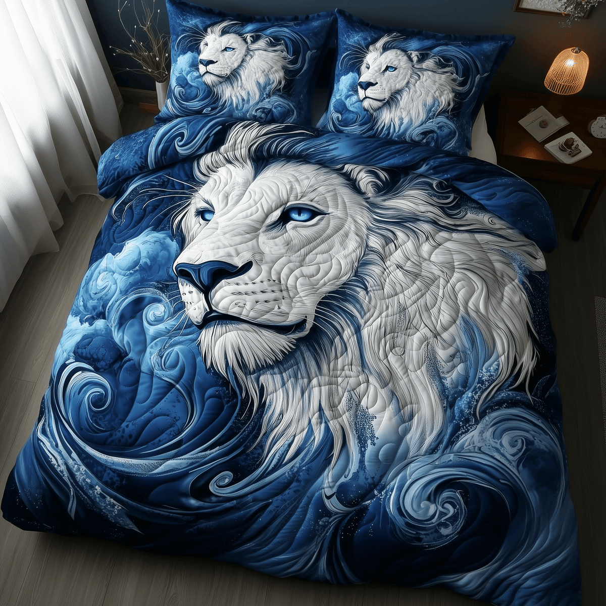 Blue Swirl Lion King 3 Piece Quilted Bedding Set Gift For Lion Lovers